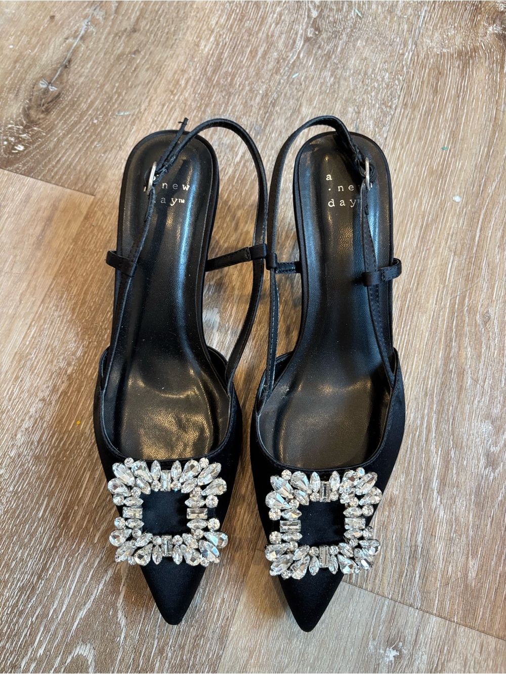 a new day Black Satin Pointed Toe Slingback Mules with Crystal Square Buckle